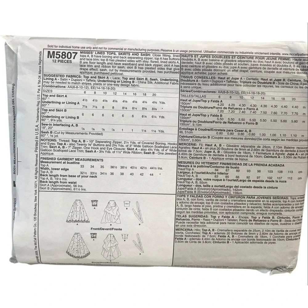McCALL'S‎ M5807 Bridal Elegance Wedding Dress Pattern Size AA 6-12